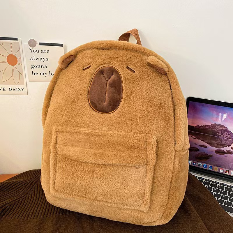 跨境卡通新款毛绒手提包包女可爱草莓熊维尼熊水豚大容量双肩书包