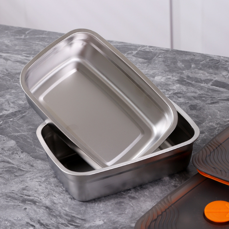 316不锈钢保鲜盒食品级加厚方盘凉菜带密封盖方形蒸盘多用盘饭盒
