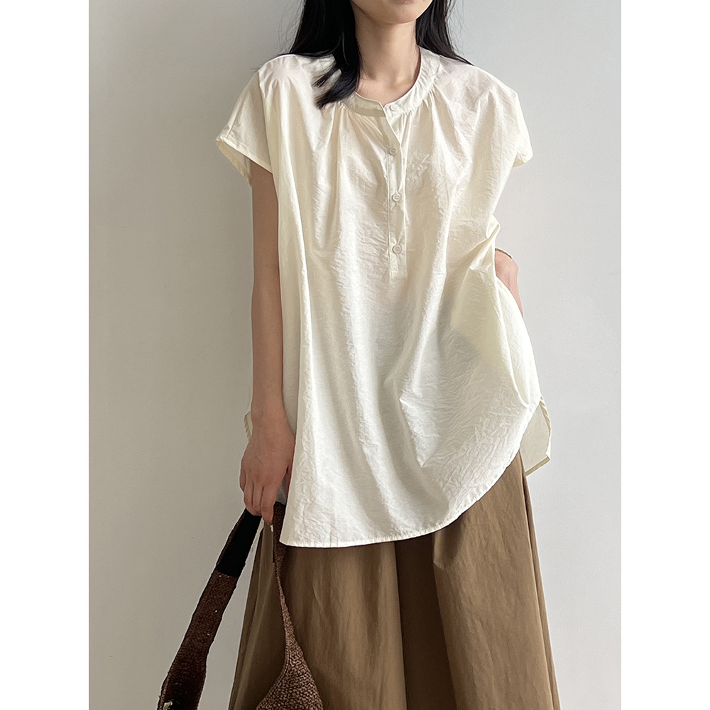 言双 简约圆领无袖中长款衬衫女2024夏季新款娃娃衫宽松衬衣82087