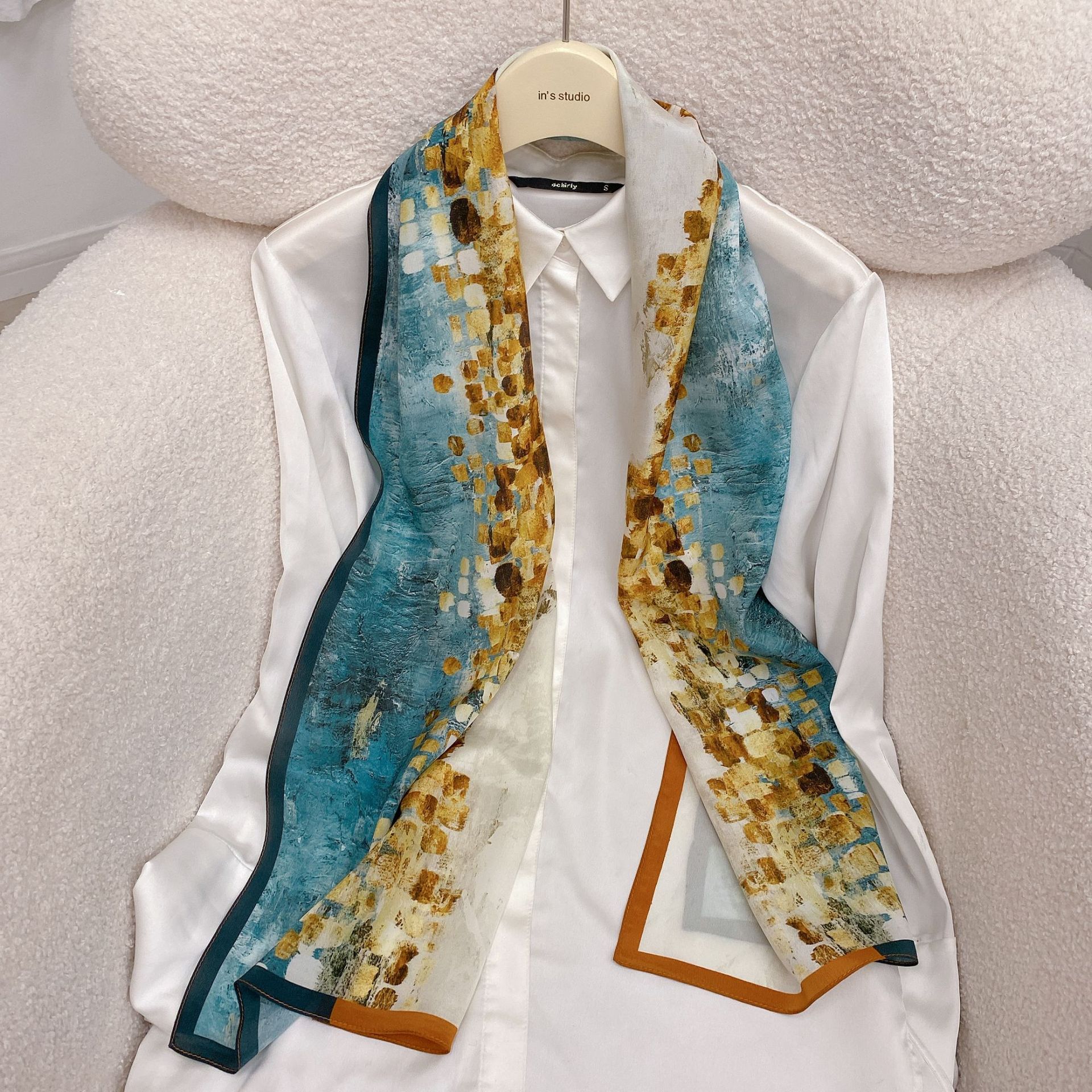 2022 Spring New Gentle Oil Painting Style Fresh French Printing Scarf Silk Crepe De Chine Long Ribbon Shawl