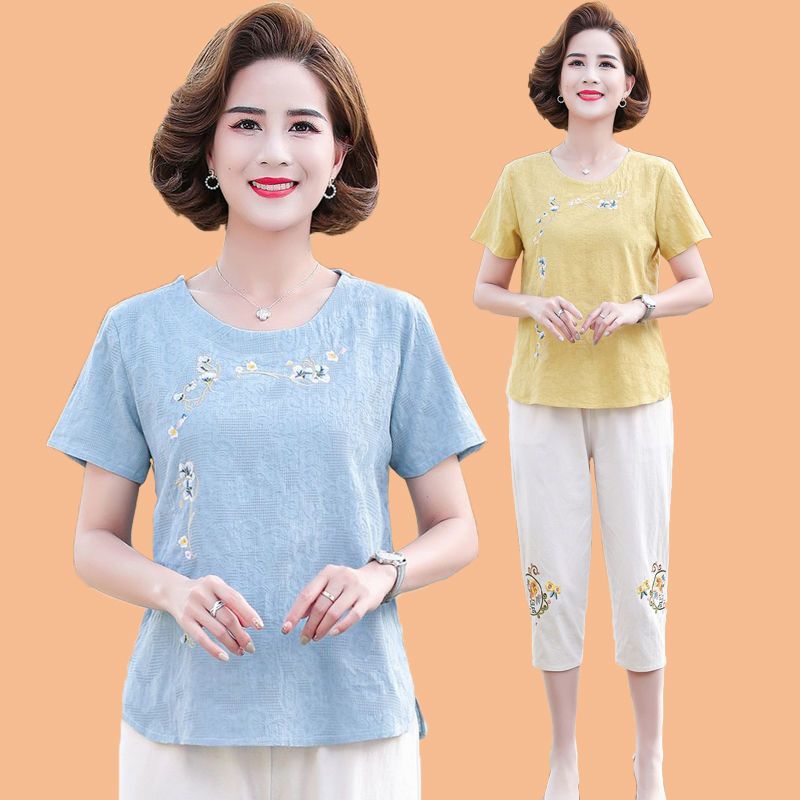 母亲节妈妈夏装棉麻套装洋气中年夏季新款中老年女短袖恤上衣服