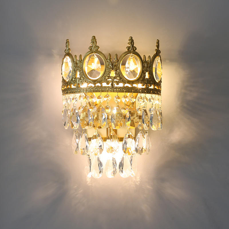 法式皇冠水晶壁灯轻奢欧式全铜卧室床头别墅客厅背景墙楼梯走廊灯