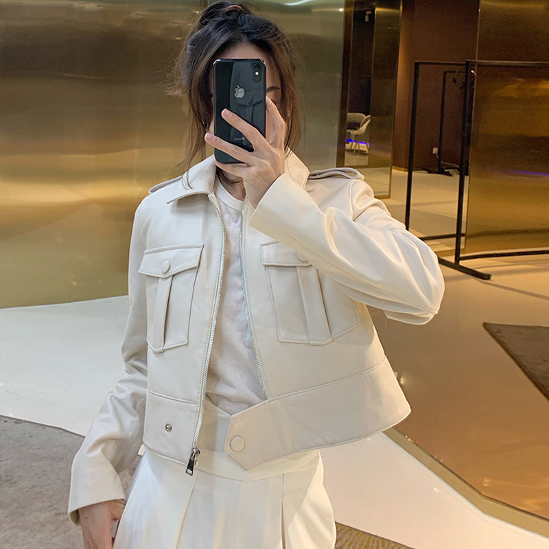 【卖断不补】戚薇同款海宁白色真皮皮衣女短款绵羊皮机车服小外套