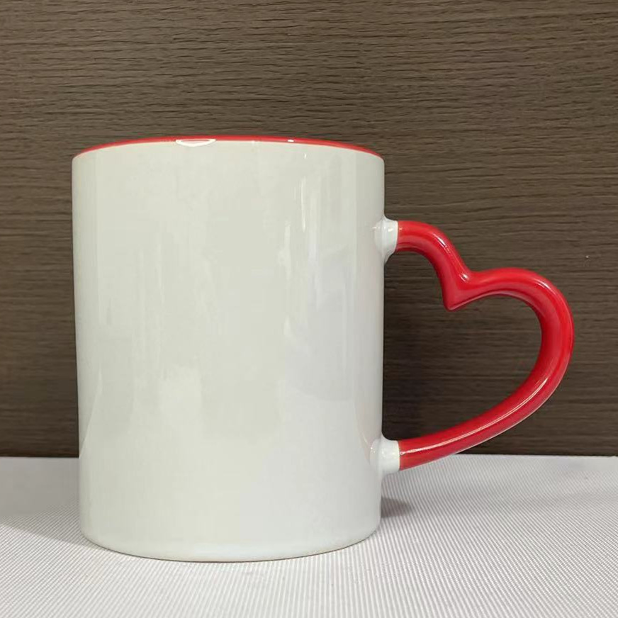 Heart-Shaped Handle Double Color Coated Cup Sublimation Color Mouth Color Handle Ceramic Mug Blank Thermal Transfer Supplies Wholesale