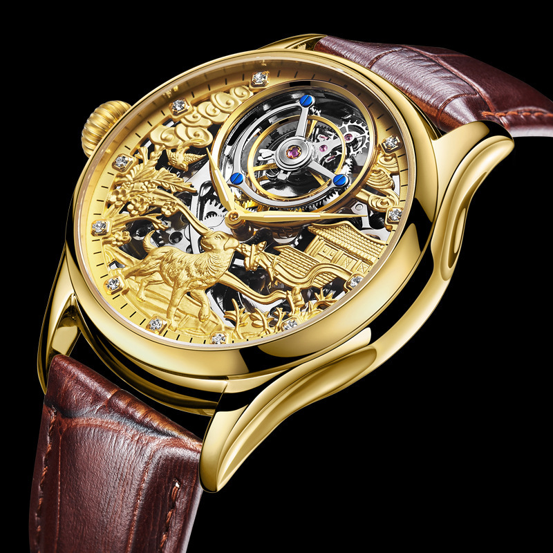 真陀飞轮机械表 瑞士18k金时尚全自动皮带镂空机械表 男士手表潮