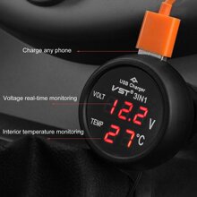 3 in 1 LED USB Car Charger Voltmeter Thermometer Car Battery