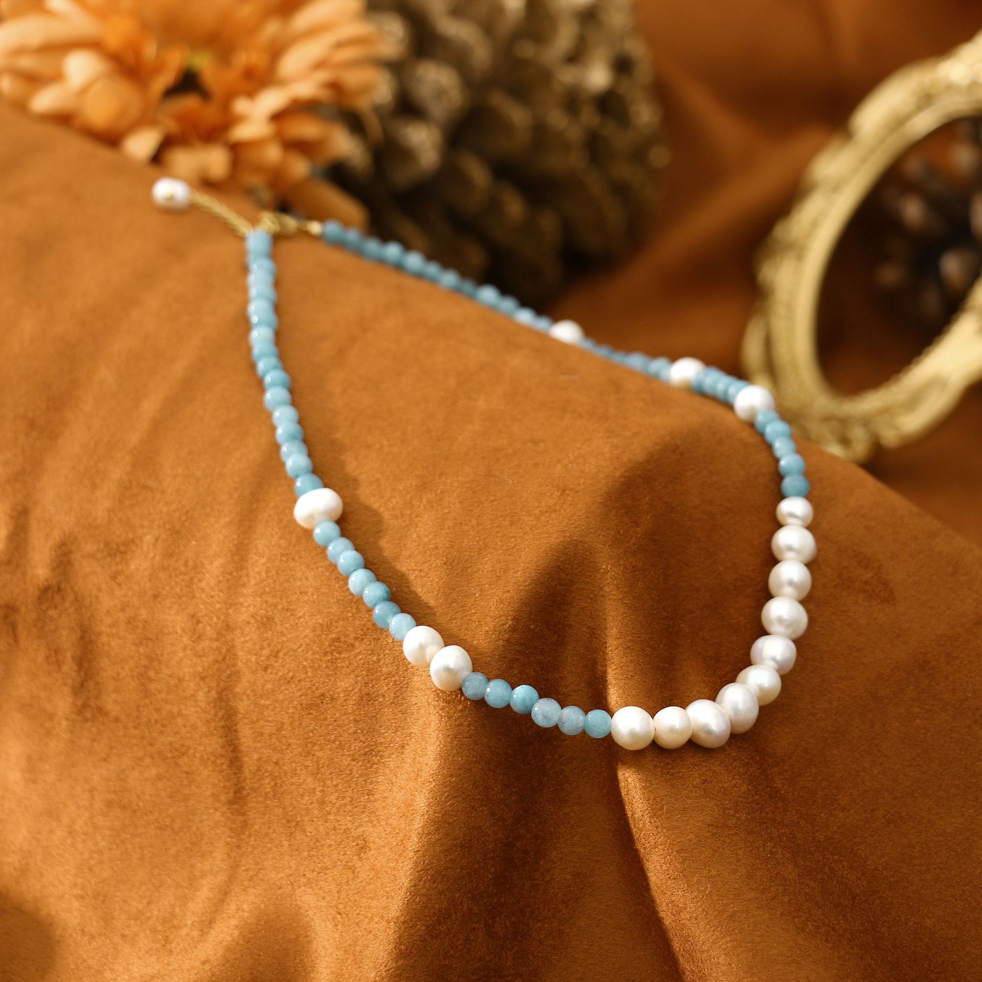 Aquamarine Set round Beads Freshwater Pearl Necklace Light Luxury Ornament Minority All-Match Elegant High-Grade Retro Clavicle Chain