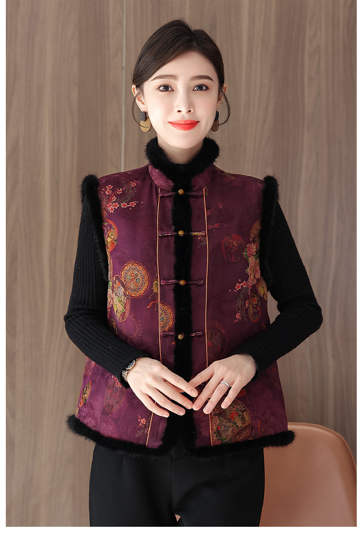 中式盘扣唐装女仿真丝龟裂纹香云纱刺绣水貂毛棉马甲外穿冬季女装