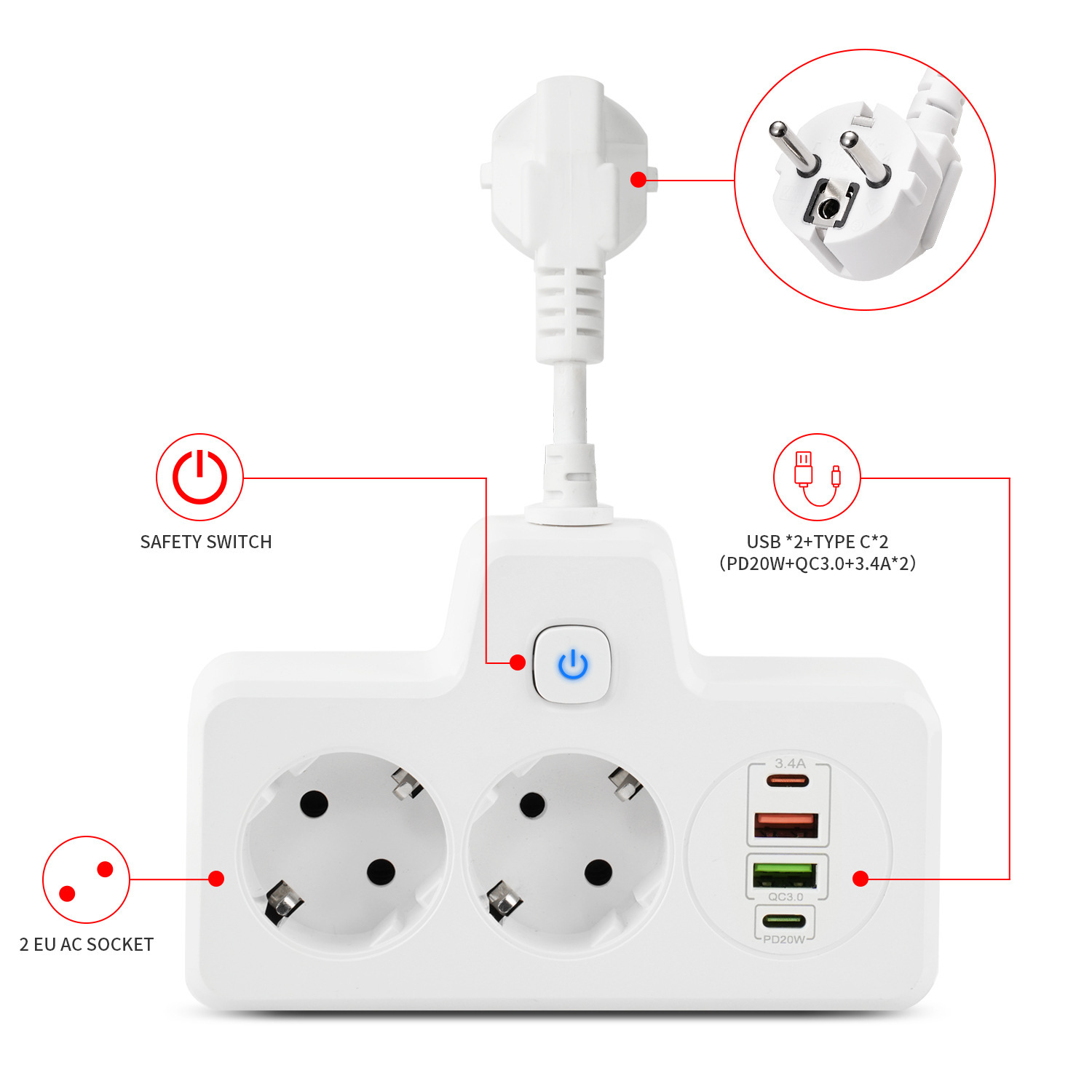 New Foreign Trade Wall Plug Converter European-Style Special 2-Hole Applicable Multi-Scenario Support Qc3.0 + Pd20w Dual Fast Charge