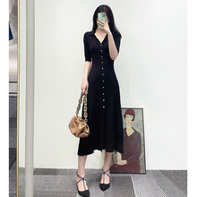 高 端版M家法式复古赫本风气质长裙黑色修身显瘦简约针织连衣裙子