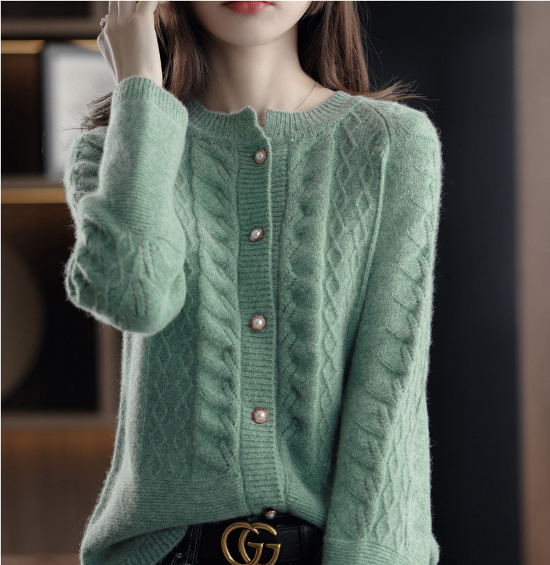 环艺针织开衫外套春秋薄款麻花羊绒衫连肩圆领毛衣女宽松外搭上衣