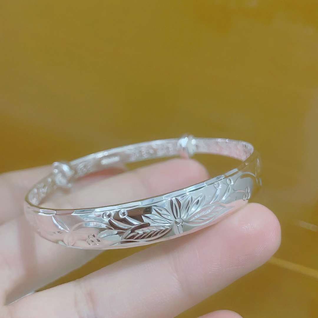 手镯女纯银9999足银妈妈款老年人吉祥实心生日送礼物奶奶推拉镯子