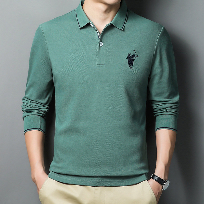 保罗牧马人男装秋季新款青年商务polo衫翻领长袖大码纯色男式t恤