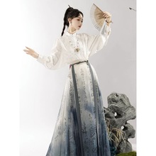 新中式明制汉服女改良版国风高档缎面衬衫印花书法马面裙两件套装