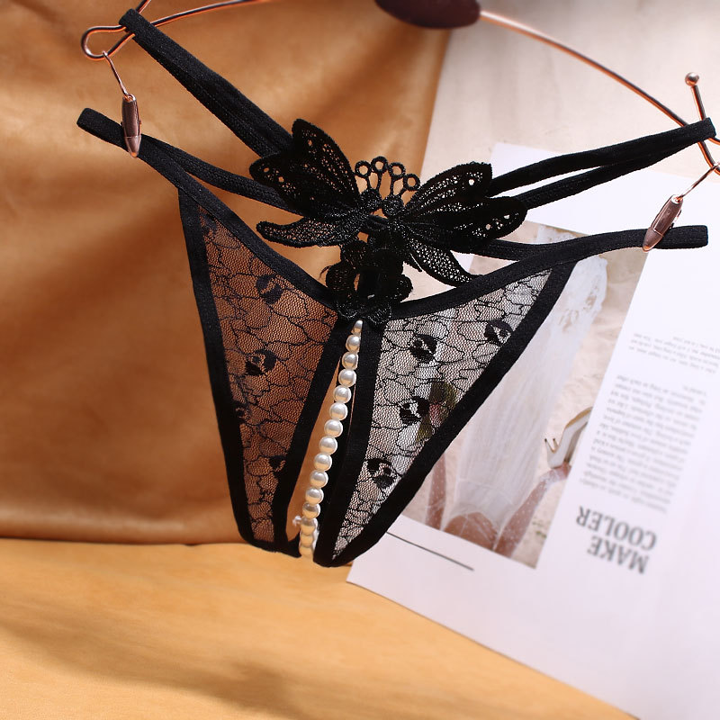 丁字裤女开裆透明珍珠按摩性感蕾丝内裤女低腰情趣房事用火辣t裤