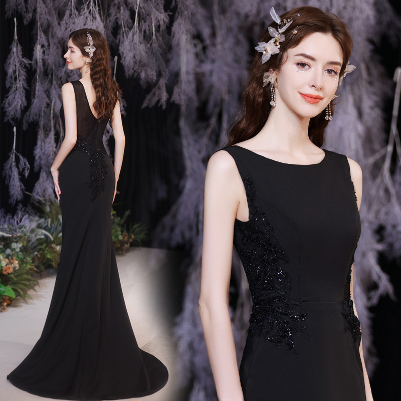 气质黑色 透视露腰露背宴会年会演出走秀主持人鱼尾婚纱礼服17289