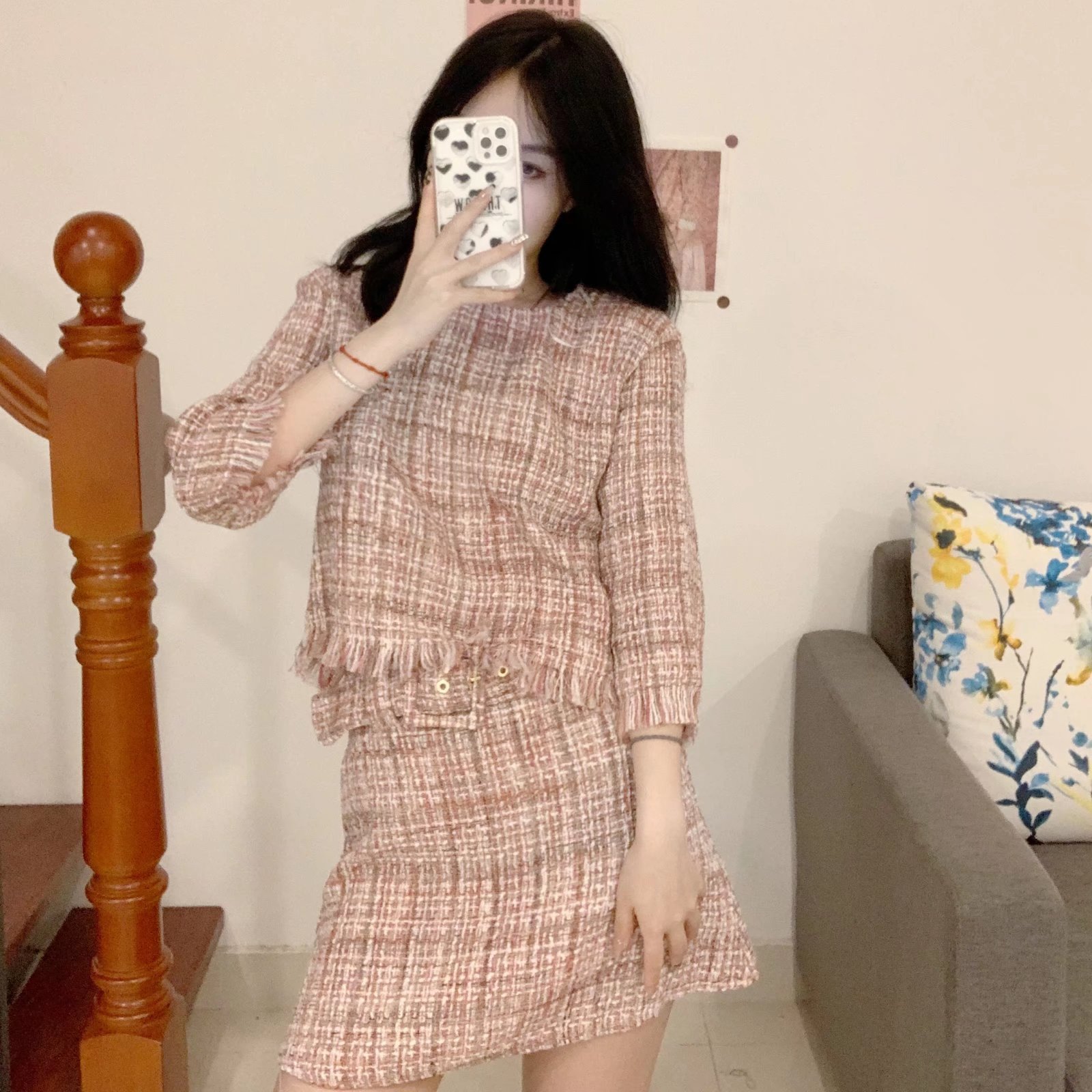 早秋女装配腰带纹理半身裙高腰显瘦小香风a字短裙02157223330