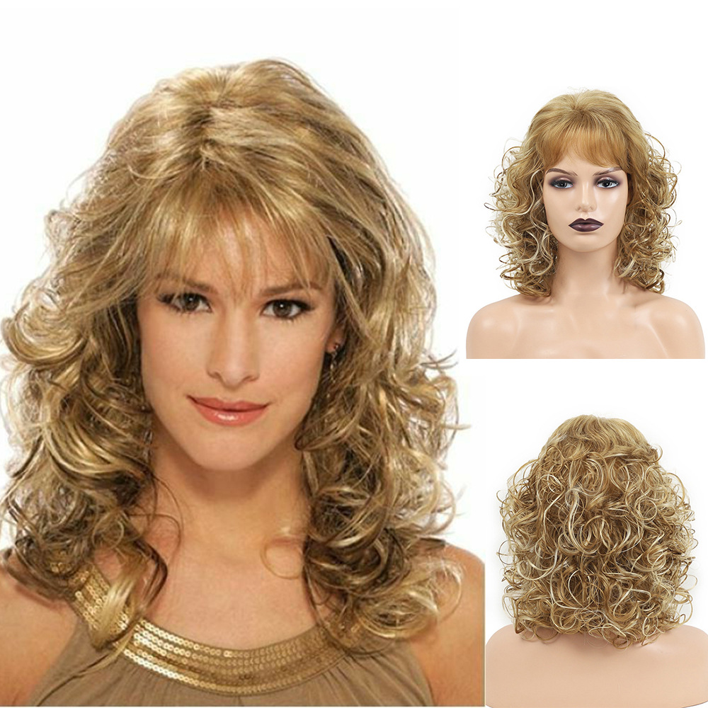跨境欧美时尚机制假发头套混金色斜刘海 卷发假发全头套一件代发