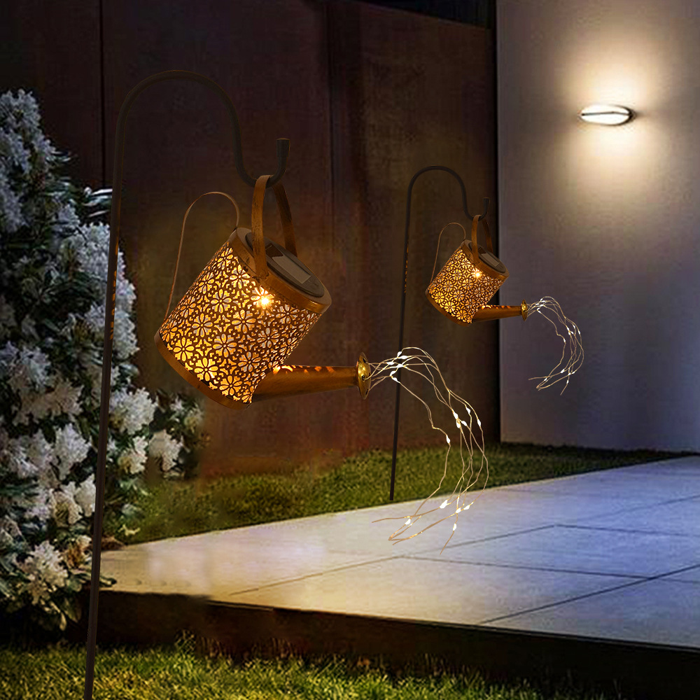 亚马逊爆款太阳能庭院灯创意铁艺水壶花洒地插灯户外花园景观装饰