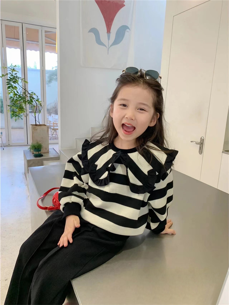 儿童卫衣秋装新款女童翻领打底衫女宝宝娃娃领条纹长袖上衣q2139