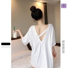 白色露背短袖T恤女夏设计感小众大版宽松韩版上衣半袖2024年新款