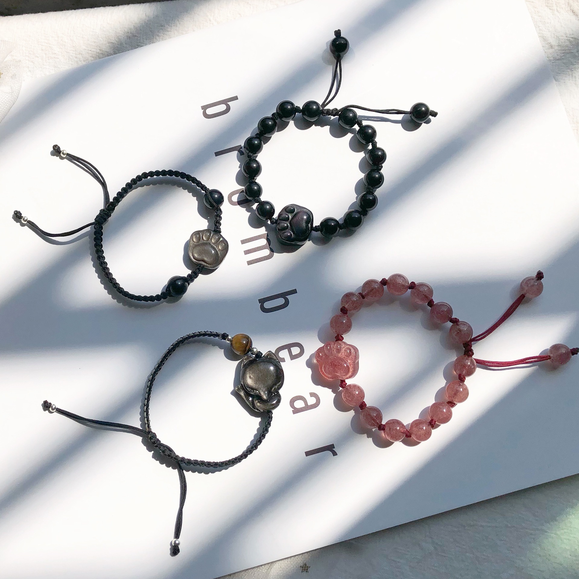 雏灵 水晶编绳手链 草莓晶黑曜石银耀石猫爪狐狸 手围可调节