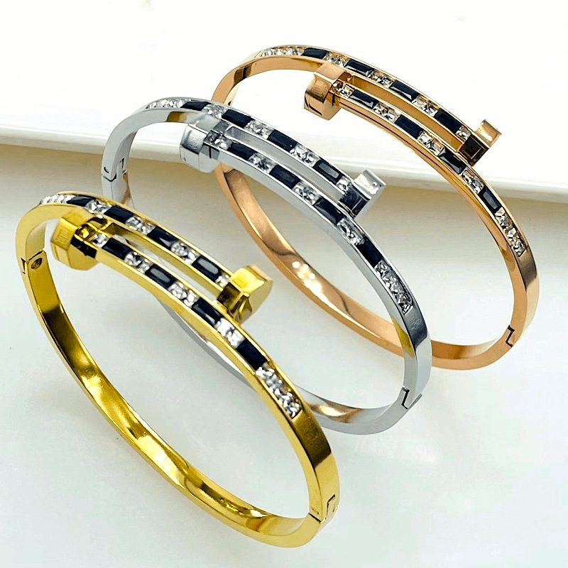 跨境欧美黑白格棋盘格不锈钢钢手镯女时尚百搭情侣手环不锈钢手饰