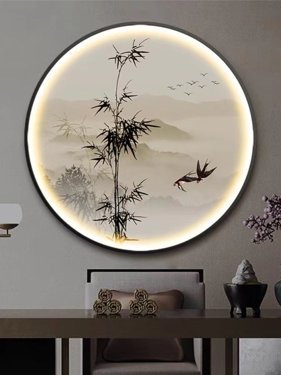 竹报平安新中式圆形玄关装饰画书房茶室意境灯画客厅走廊禅意挂画