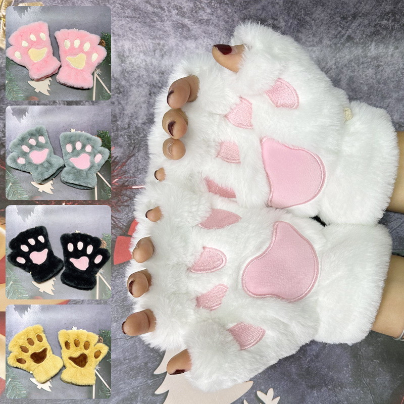 猫爪手套冬季保暖可爱卡通猫咪女生露指手套加绒加厚熊掌手套