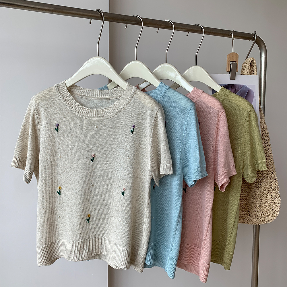 薄款天丝亚麻针织衫清新钉珠碎花刺绣小衫女宽松短袖t恤夏季新品