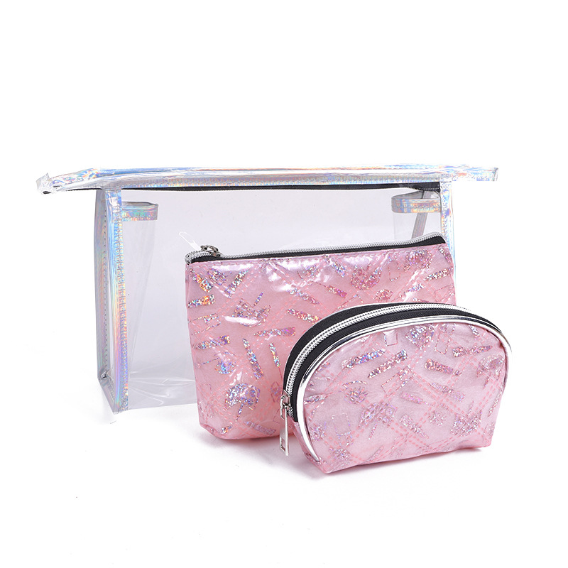 New Iridescent Transparent Cosmetic Bag Portable Portable Storage Bag Multi-Functional Toiletries Bag Three-Piece Set Mother and Child Bag Wholesale