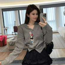 跨境刺绣V领短款毛衣女2025新款氛围感卡通图案软糯减龄针织开衫