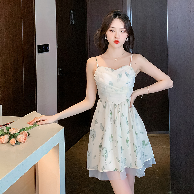 2023夏季抹胸型网纱拼接甜美纯羽高腰短裙法式桔梗雪纺碎花吊带裙