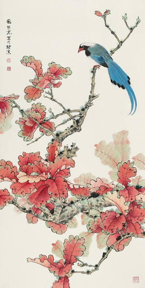 《红叶绶带》 田世光 名人名画 国画 30*59m 包邮