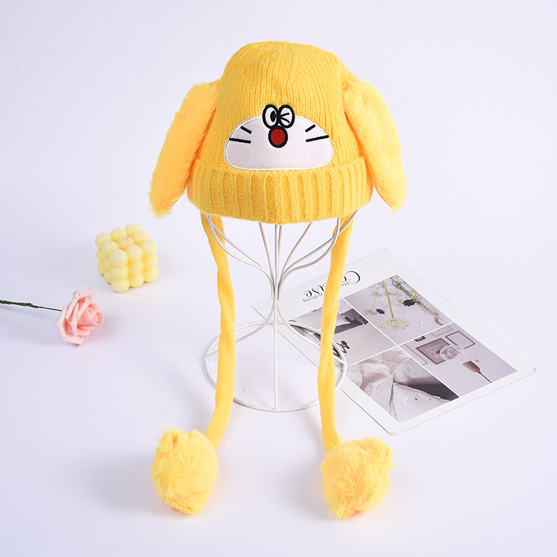 Autumn and Winter Cute Cartoon Children's Warm Ears Moving Hat Boys and Girls Baby Knitted Wool Fluffy Ball Cap Wholesale