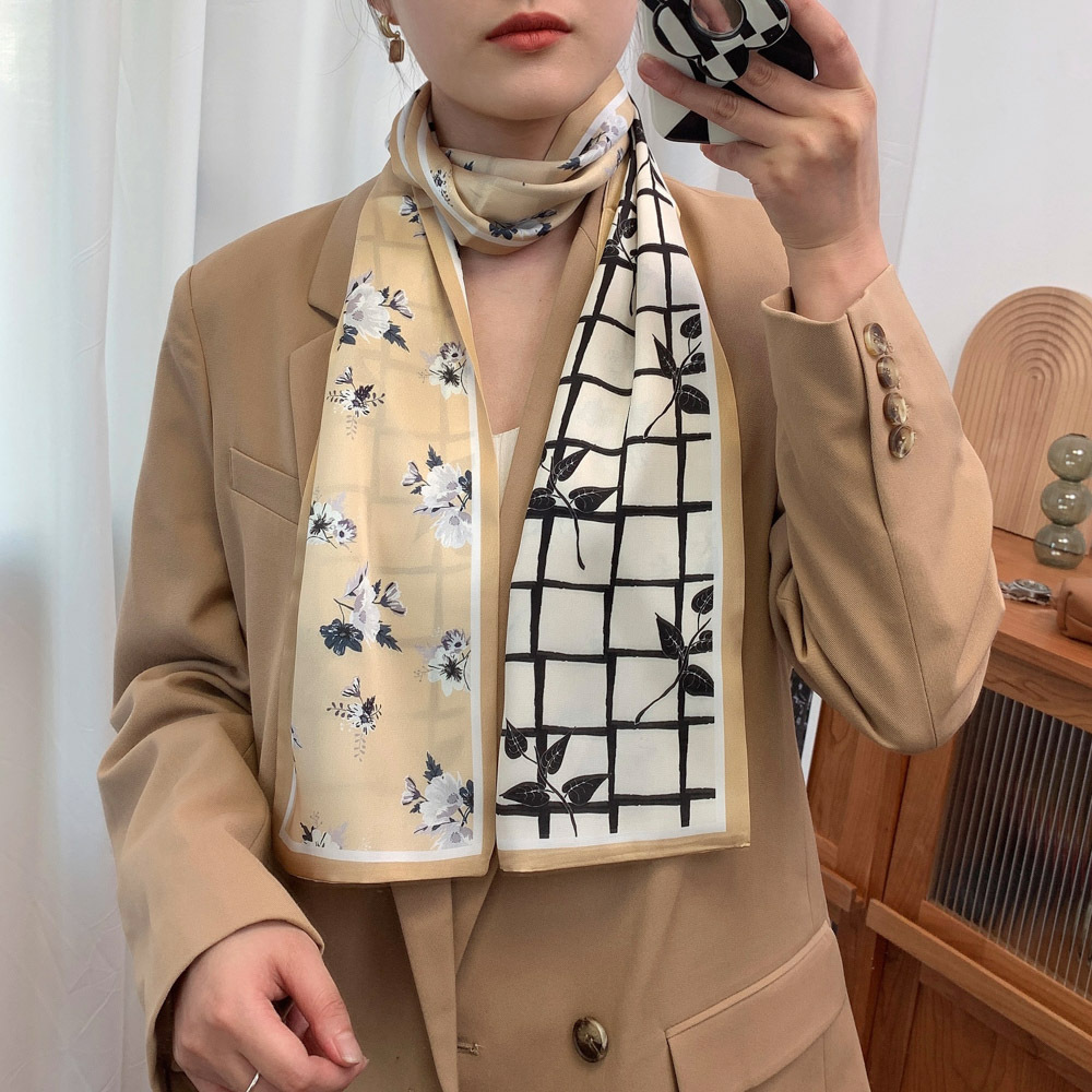 2022 French Style Floral Silk-like Long Silk Scarf Women's Thin Narrow Double-Sided Japanese and Korean Professional Decorative Scarf Scarf Scarf