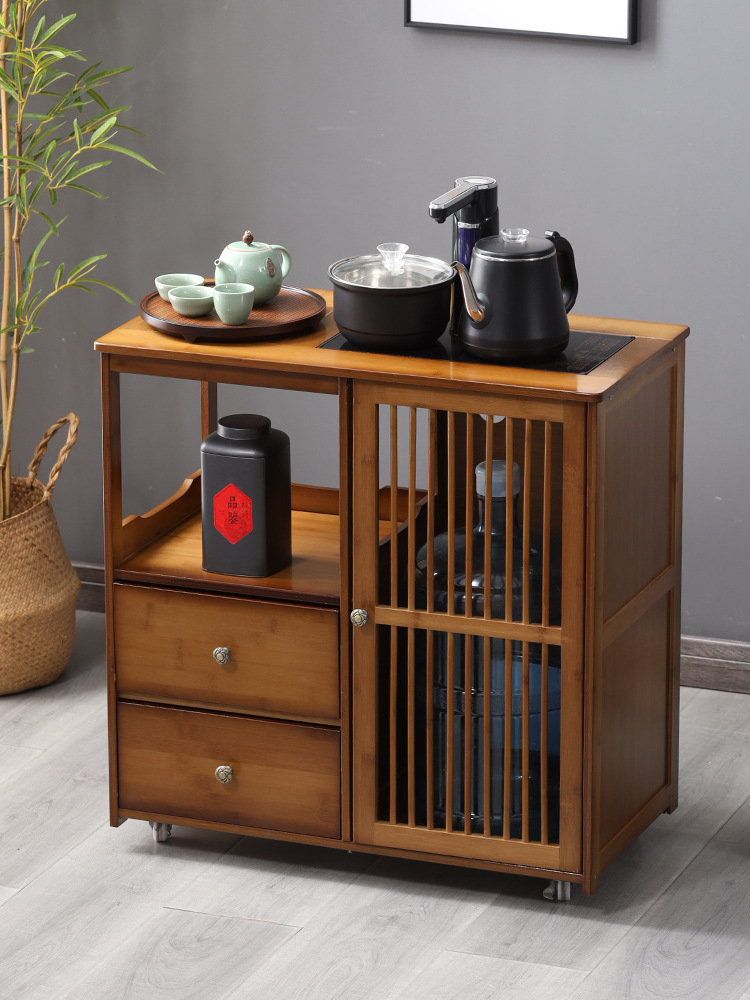 新中式移动茶水柜办公室茶台边柜实木烧水小型茶柜下置水桶置物架