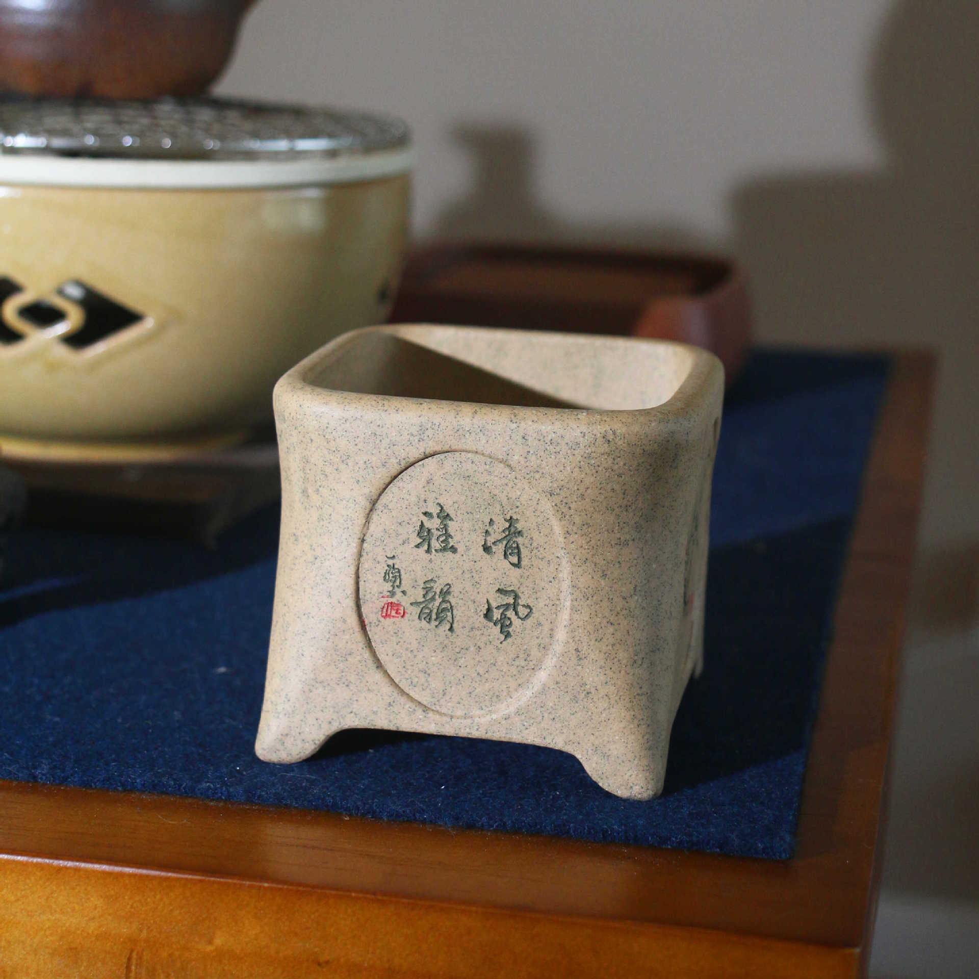 宜兴紫砂花盆段泥盆景盆精品桌面室内手工正方形四方形陆文梅制