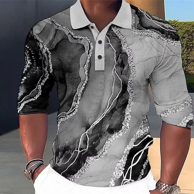 2023 Spring New European and American Men's 3D Digital Printing Long Sleeve Casual Fashion Sports Polo Shirts