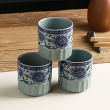 古瓷青花瓷牡丹复古中式酒店酒杯半纹杯陶瓷杯茶具一件批发