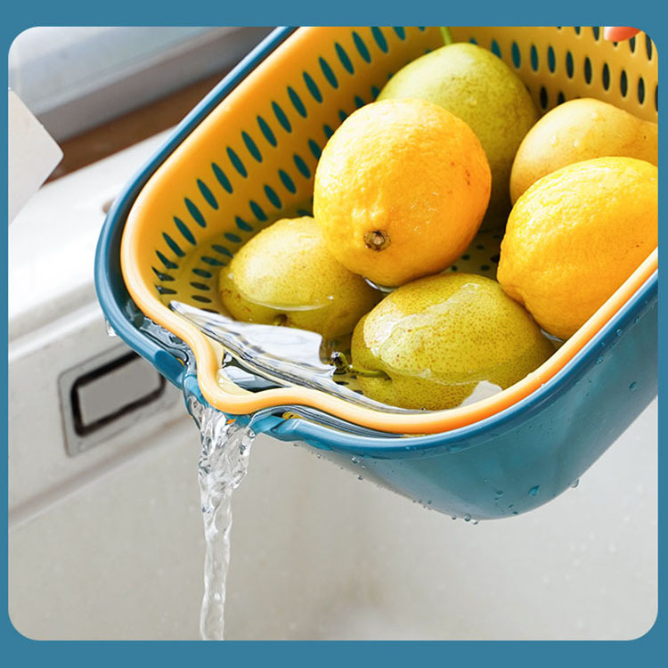 Creative Color Matching Double-Layer Drain Basket Household Plastic Vegetable Basket Multi-Function Draining Rice Washing Fruit Vegetables Basin