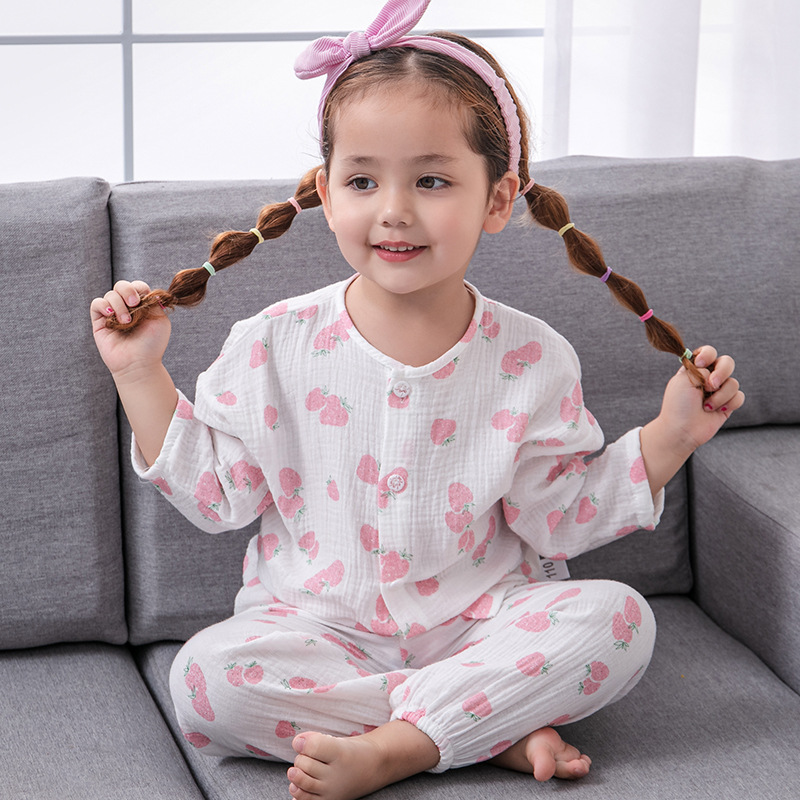 Spring Summer Cotton Gauze Boys and Girls Pajamas Long-Sleeved Children's Korean-Style Spring and Autumn Homewear Baby Suit Wholesale