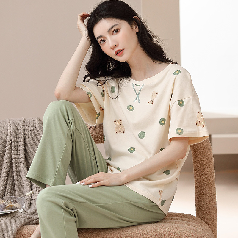新款瑷芬腾睡衣女夏季纯棉短袖长裤薄款全棉夏天家居服套装可外穿