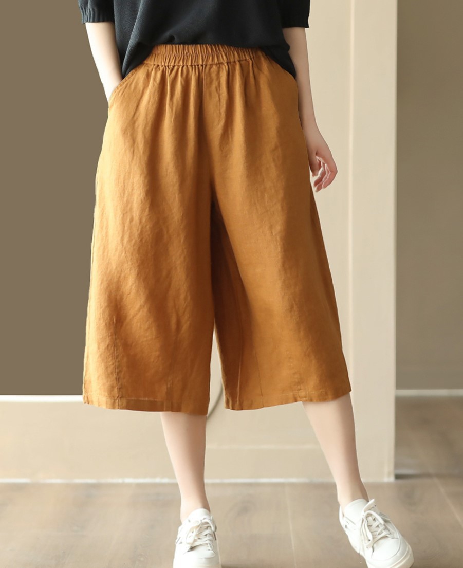 复古100%亚麻休闲裤女 夏季新款 松紧腰显瘦直筒裤百搭七分裤d011