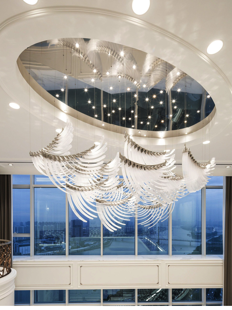 酒店大堂吊灯羽毛造型艺术装置复式楼梯吊灯前台客厅工程售楼部灯