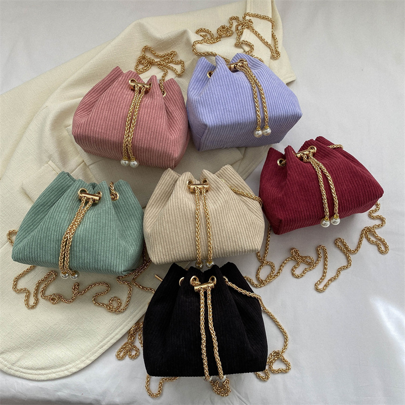 Wholesale Bag Spring Fashion Corduroy Pull-Belt Small Bucket Women's Bag 2023 High-Grade Shoulder Messenger Bag