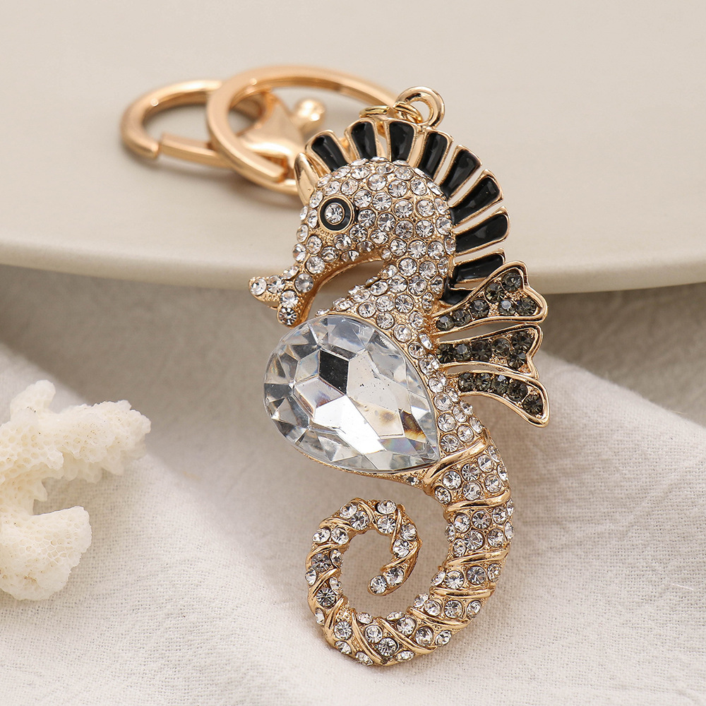 Marine Animal Series Ornaments Diamond-Embedded Cute Seahorse Keychain Pendant Metal Cartoon Creative Small Gift Wholesale