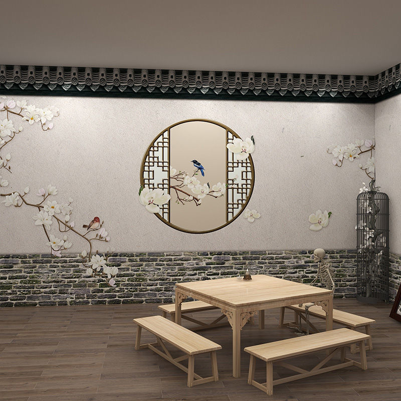 中式庭院屋檐壁纸古风装饰壁画餐厅饭店包间茶馆背景墙纸无缝墙布