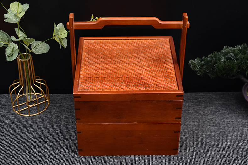 中餐厅镂空印花点心木盒带把手多层糕点收纳盒可定制图案复古食盒