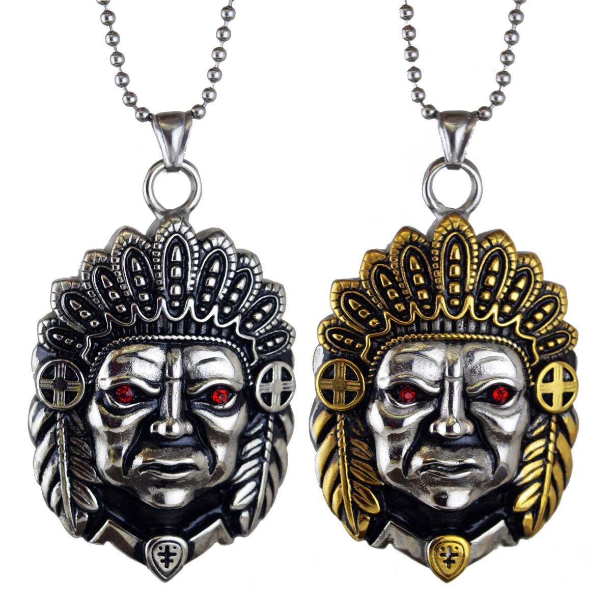 欧美嘻哈个性印第安人脸钛钢挂链民族风创意复古红钻眼吊坠fn1747